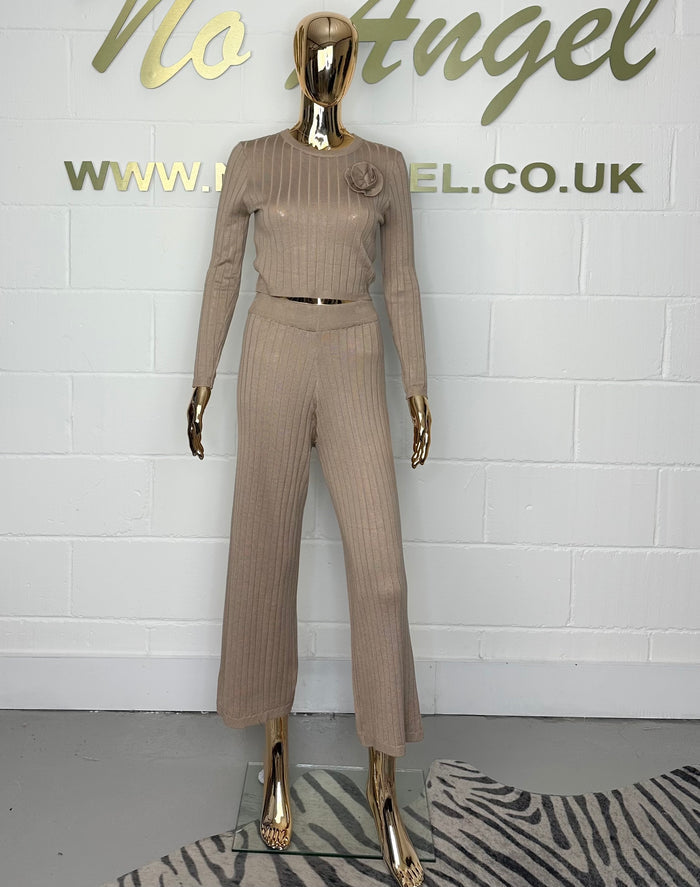 Camel Ribbed Top & Trouser Co-Ord With 3D Flower Detail