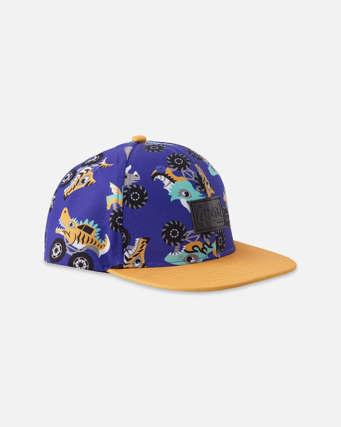 Deux par Deux boys' blue monster truck print flat-brim cap – front view