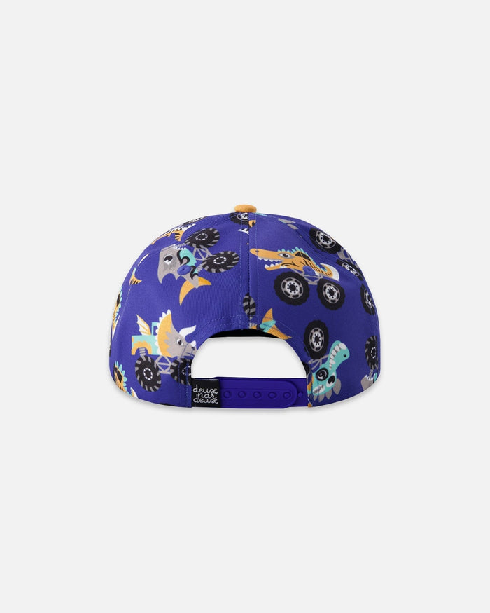 Deux par Deux boys' blue monster truck print flat-brim cap – back view with adjustable strap