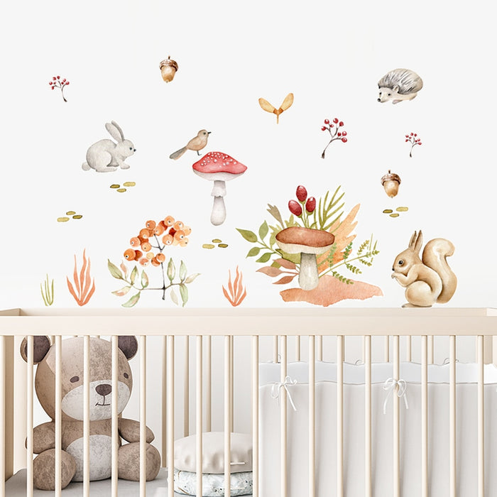 Cartoon Wall Decals Forest Animals Mushroom Acorn