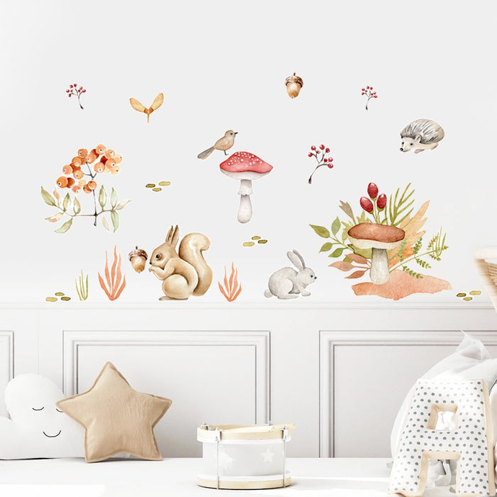 Cartoon Wall Decals Forest Animals Mushroom Acorn