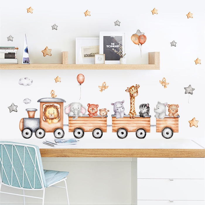 Cartoon Wall Decals Train With Jungle Animals