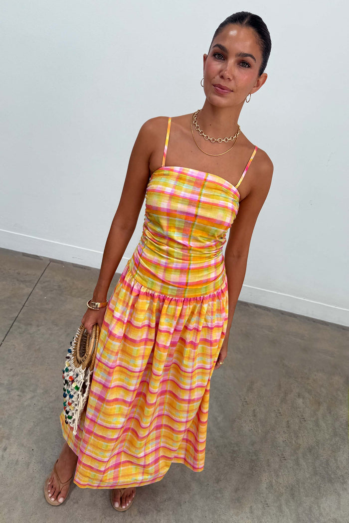 Yellow, pink and orange Check Lola Mid-axi Dress featuring a ruched bodice and gathered cotton skirt.
