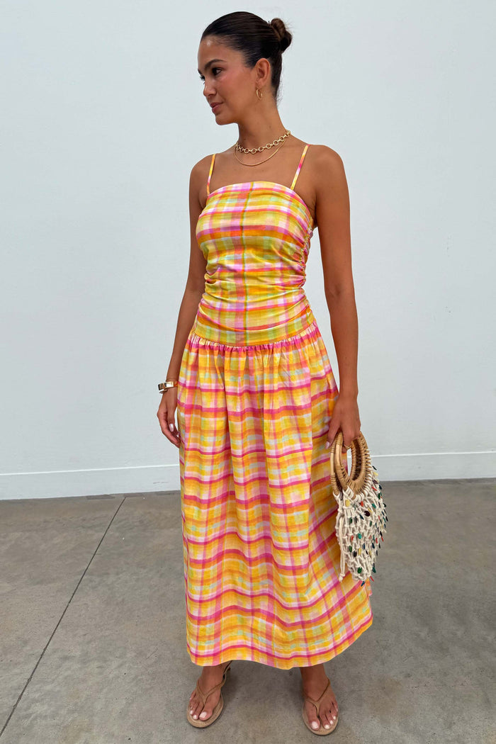 Check Lola Mid-axi Dress in yellow, pink and orange check with a ruched bodice and gathered cotton skirt.