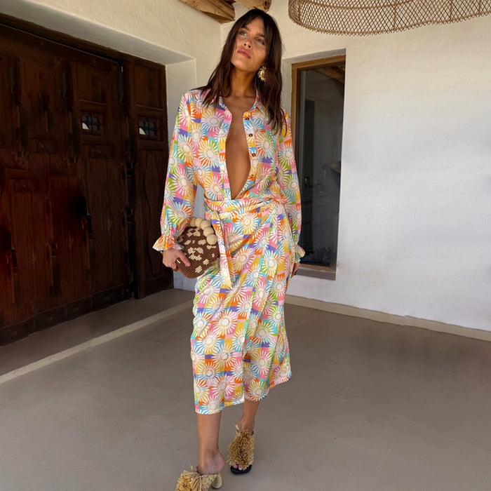 Multi-wear Check Sun Jaspre Skirt in a colourful sun print, featuring a wrap tie fastening and matching shirt.
