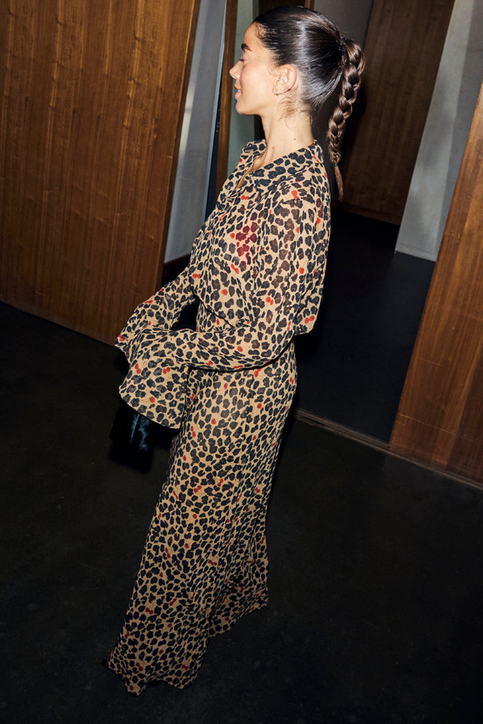 Cherry Leopard Mia Dress in leopard print with red cherry accents, a shirt style top and maxi length.