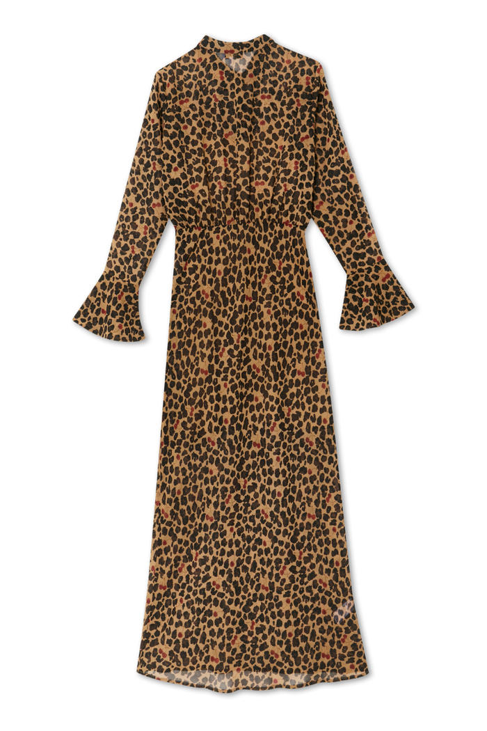 Cherry Leopard Mia maxi dress with tan animal print and red cherry detailing, long sleeves and flared cuffs.