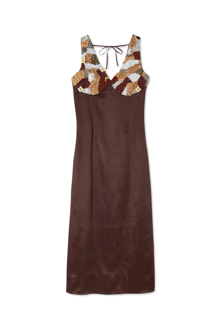 Chocolate Beaded Allegra Dress featuring a hand-embellished beaded bodice and a brown satin midaxi skirt.