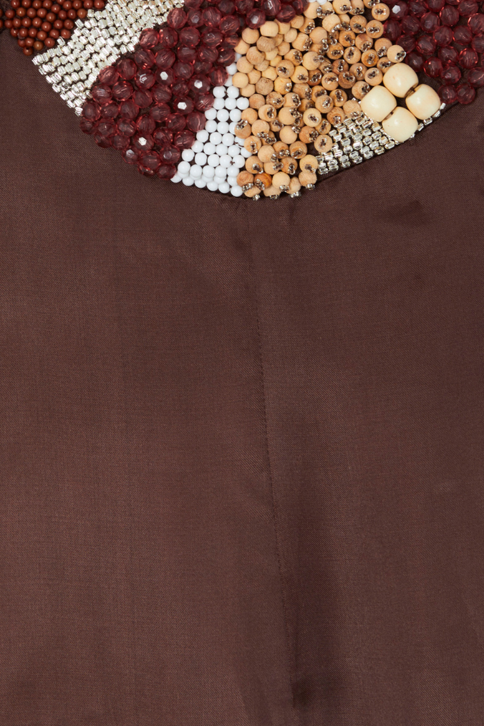 Chocolate Beaded Allegra Dress neckline featuring hand-embellished white, brown and burgundy beadwork.