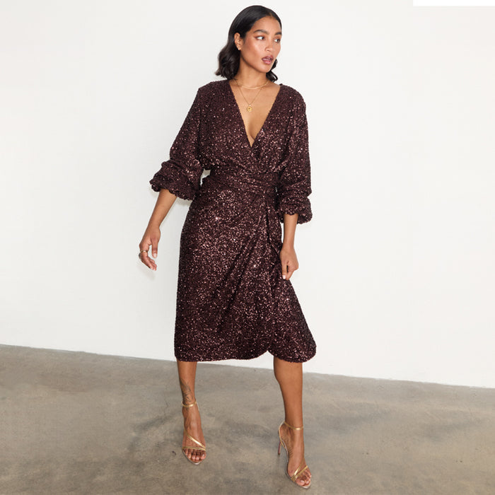 Chocolate Sequin Vienna Dress featuring a multi-wear wrap waist and voluminous sleeves, shown on a model.