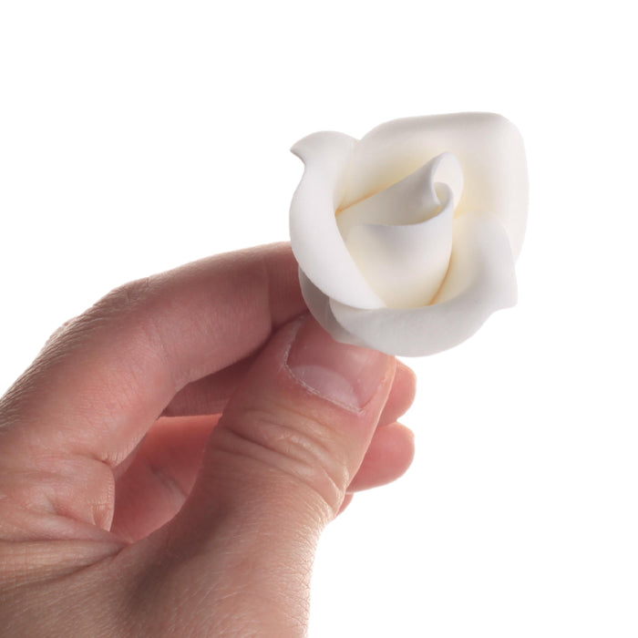 White Gumpaste Roses handmade sugar cake decorations and cake toppers perfect for cake decorating rolled fondant wedding cakes and fondant birthday cakes. Wholesale sugar flowers and cake supply. Caljava