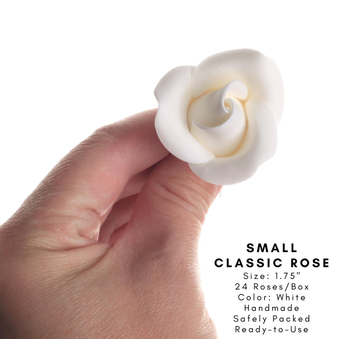 White Gumpaste Roses handmade sugar cake decorations and cake toppers perfect for cake decorating rolled fondant wedding cakes and fondant birthday cakes. Wholesale sugar flowers and cake supply. Caljava