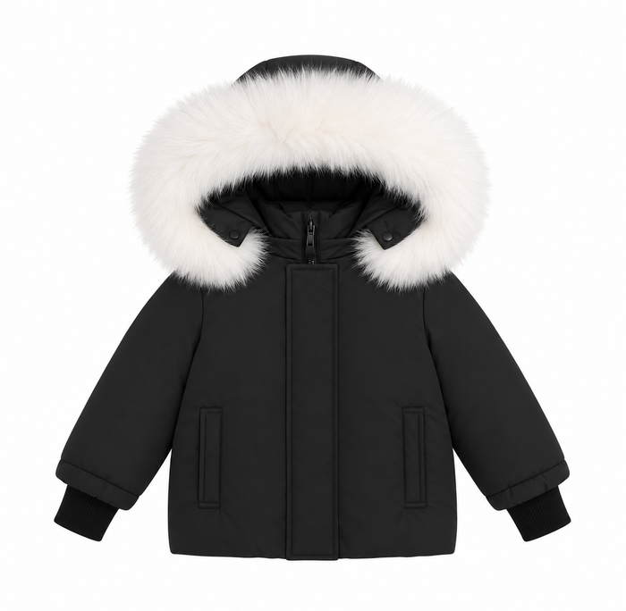 coat canvas knit cuffed with fur hood - black/white fur