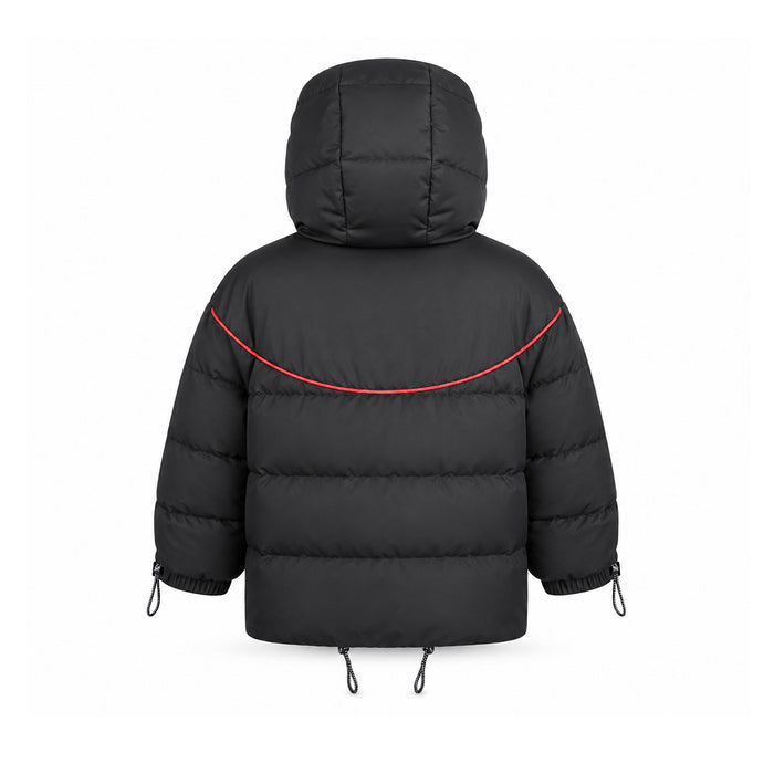 coat padded drawstring fringed piping detail with hood - black