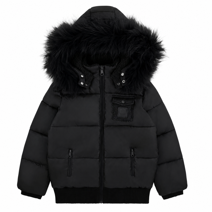 coat padded sherpa lining with fur hood - black