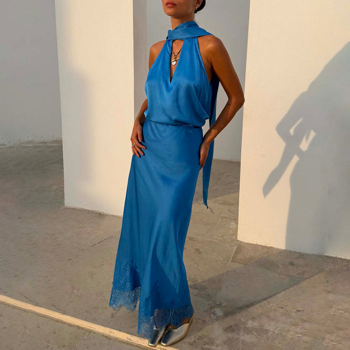 Cobalt Maeva Midi Skirt in blue with a lace-trimmed hem, worn as a co-ord with a matching halter-neck top.
