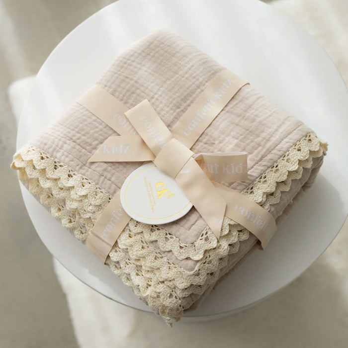 Confetti Kidz Muslin Blanket with Lace Trim - Oatmeal