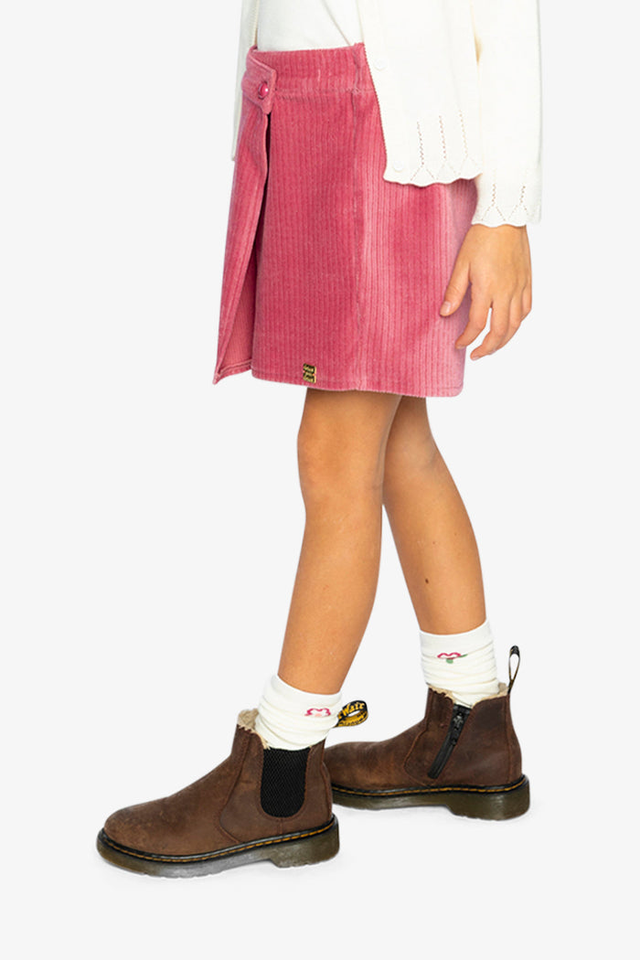 Deux par Deux girls' raspberry pink corduroy skort – worn by a model, view 2