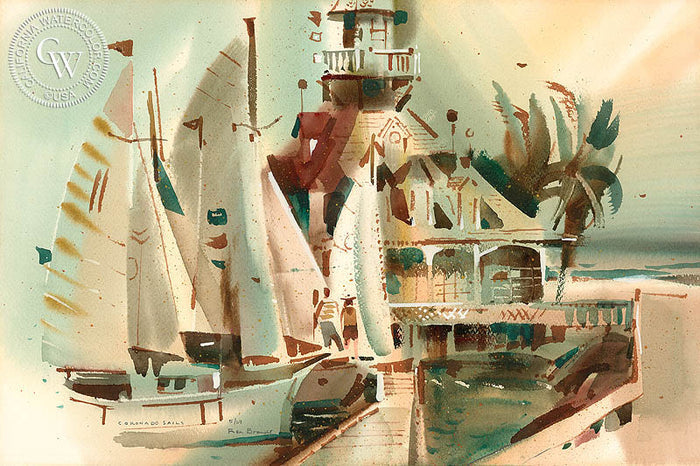 Coronado Sails, 1969, watercolor painting by Rex Brandt (American art). Fine art giclée print reproduction by California Watercolor for wall decor.
