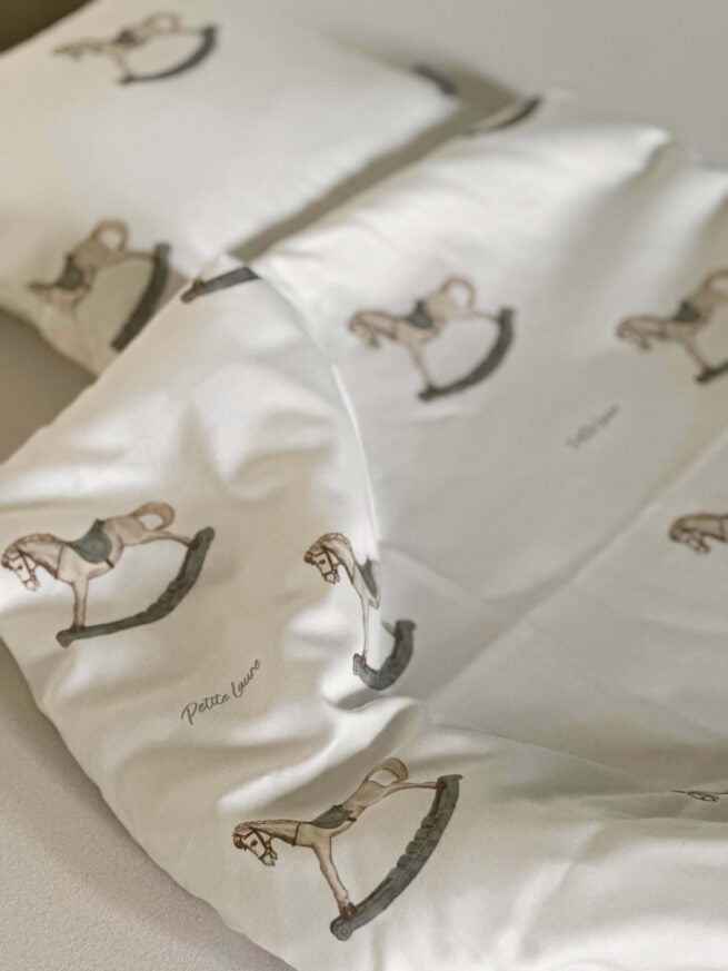 crib set rocking horse blanket and pillow - dusty blue