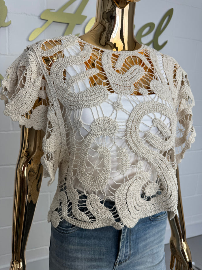 Cropped Crochet Swirl Detail Cap Sleeve Top (2 Colours)