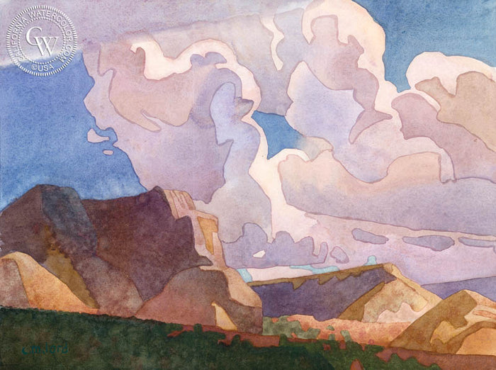 Cumulus Passing over Mt. Carmel, 2018, watercolor painting by Carolyn Lord (American art). Fine art giclée print reproduction by California Watercolor for wall decor.