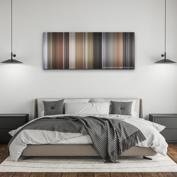 Deadpool & Wolverine color palette canvas above a bed, between two black pendant lamps