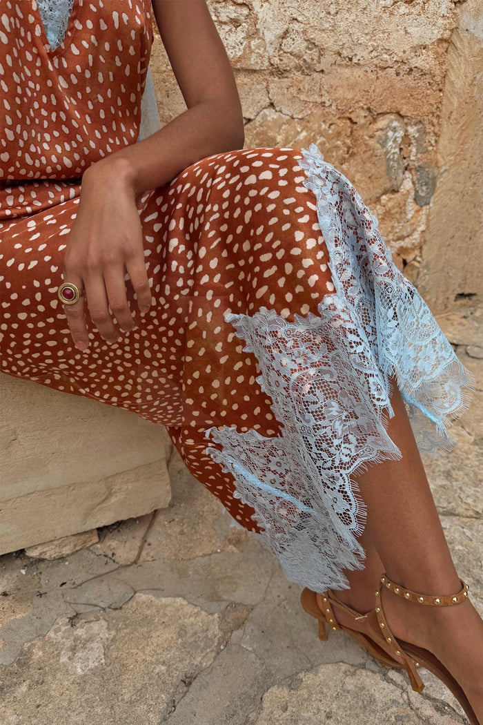 Fawn Midi Maeva Skirt in brown with a delicate light blue lace border and scattered spot print.