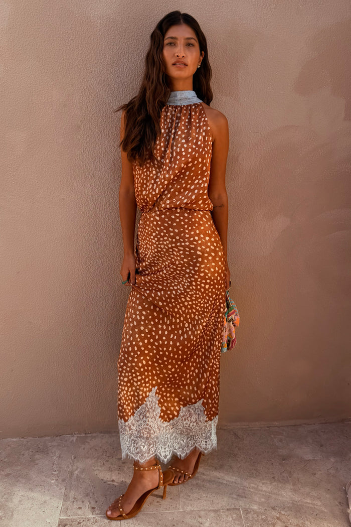 Fawn Midi Maeva Skirt Petite in brown with white lace trim, styled as a co-ord on a model.