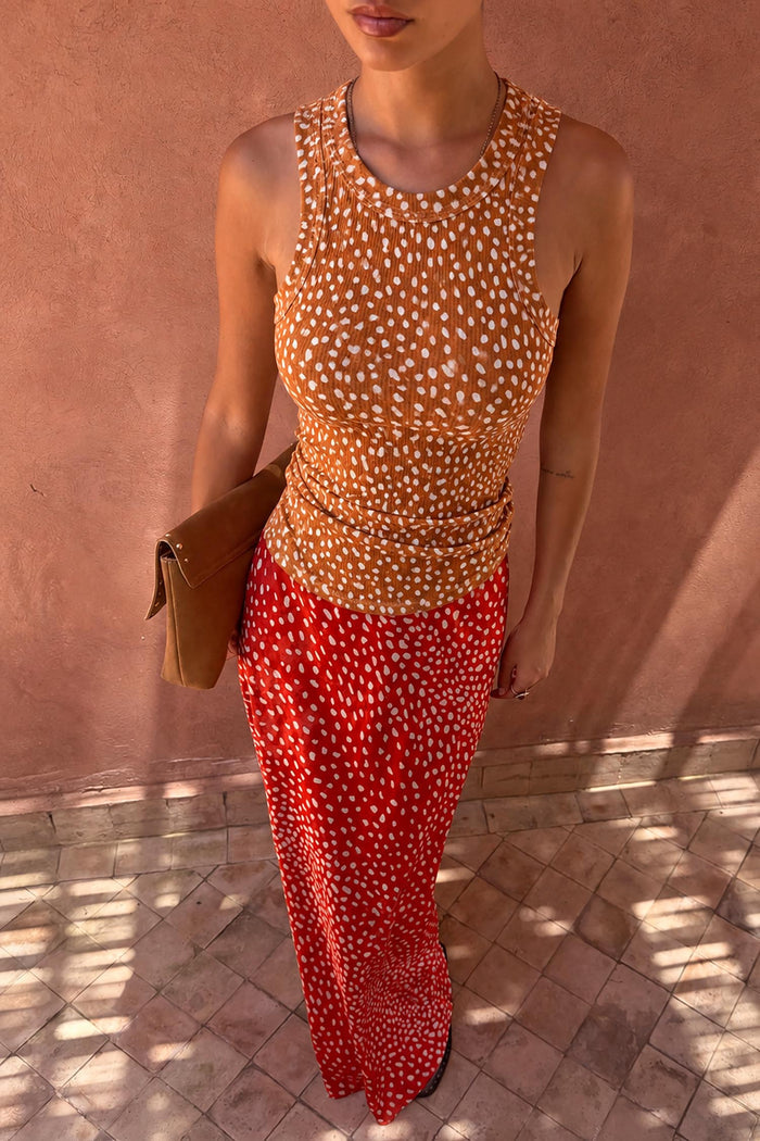 Fawn Rib Tank Top with a tan and white speckled print, high neckline and textured ribbed finish.