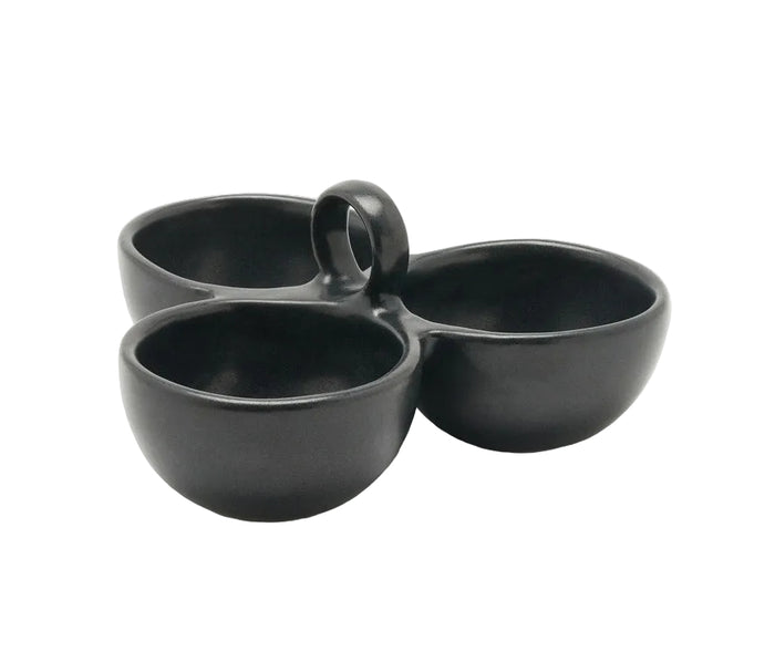Black Desmond Glaze Triple Nut Dish by Blue Pheasant, 2206 serveware with three compartments for nuts or snacks.