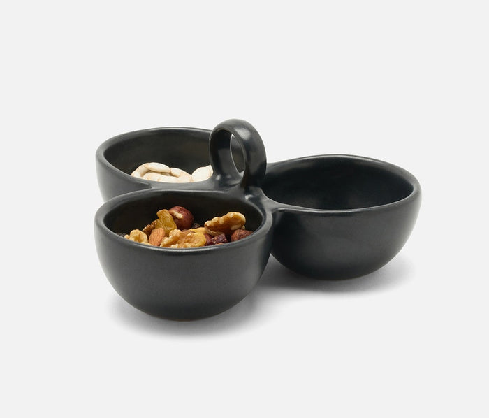 Blue Pheasant Desmond Glaze Triple Nut Dish in black, ceramic serveware with three compartments for nuts or snacks.