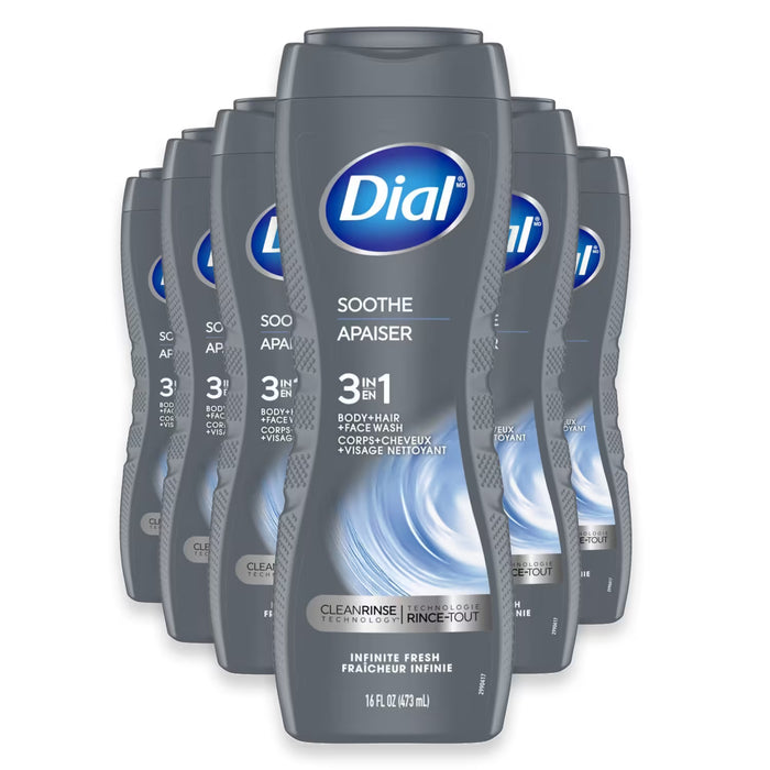 Dial Men Soothe Infinite Fresh 3-in-1 Body Hair and Face Wash - 16 oz - 6 Pack