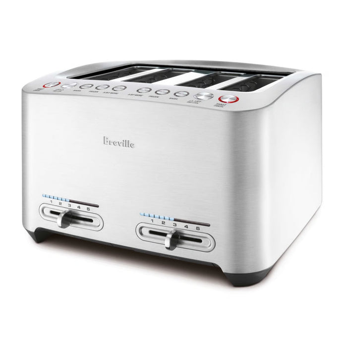 Breville Die-Cast 4-Slice Smart Toaster with black finish, featuring control knobs and slots for bread and waffles.