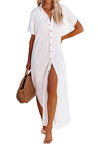 Dokotoo Womens Casual Short Sleeve Side Split Button Down Long Kimonos Cardigans Swimsuit Cover Ups - Style Heist