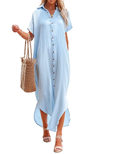 Dokotoo Womens Casual Short Sleeve Side Split Button Down Long Kimonos Cardigans Swimsuit Cover Ups - Style Heist