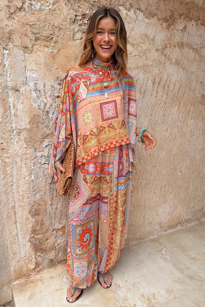 Dolce Vita Balloon Trousers with a multi-coloured tile print and wide-leg fit, styled as a matching co-ord.
