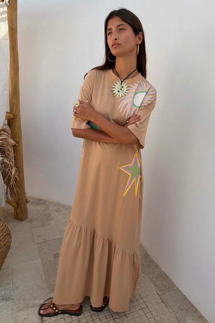 Brown Dreamer T-Shirt Dress in cotton featuring colourful sun motifs and an asymmetric gathered skirt.