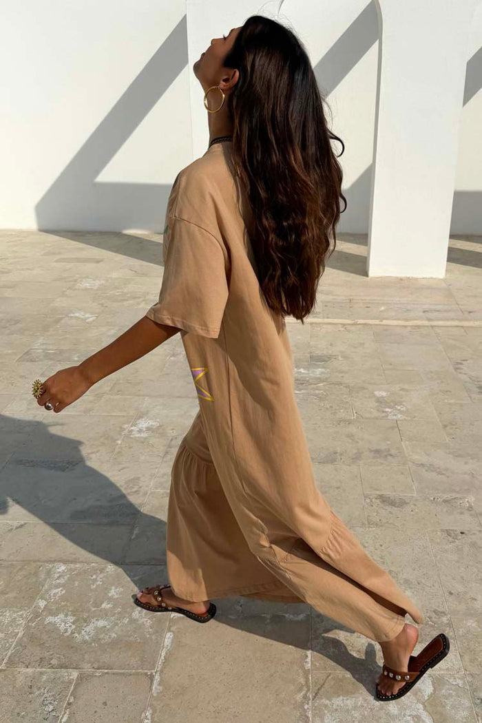 Brown cotton Dreamer T-Shirt Dress with colourful print motifs and an asymmetric gathered skirt.