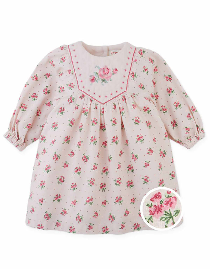 dress floral print with cross stitch design - pink