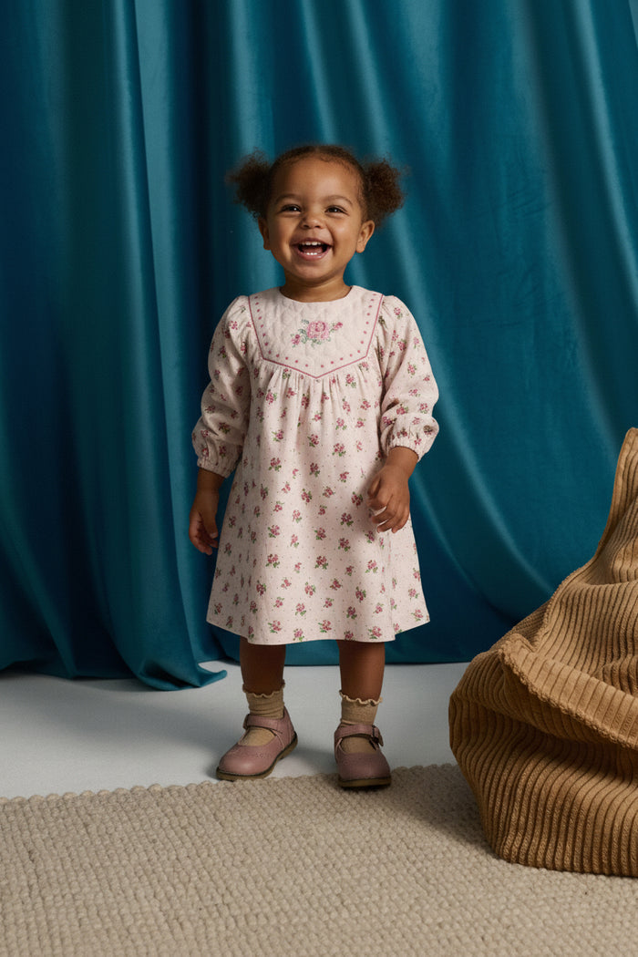 dress floral print with cross stitch design - pink