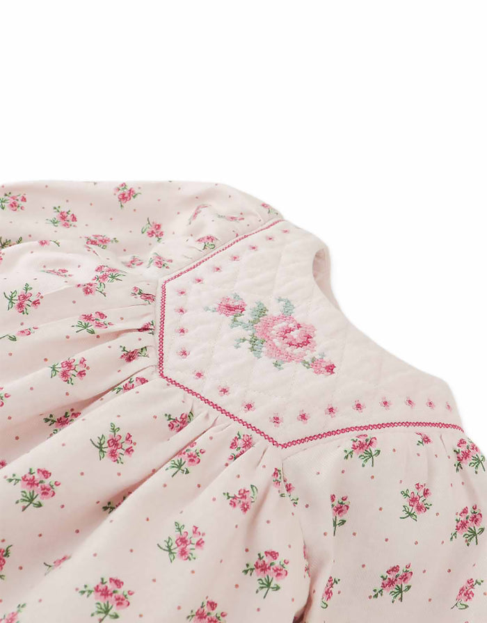 dress floral print with cross stitch design - pink