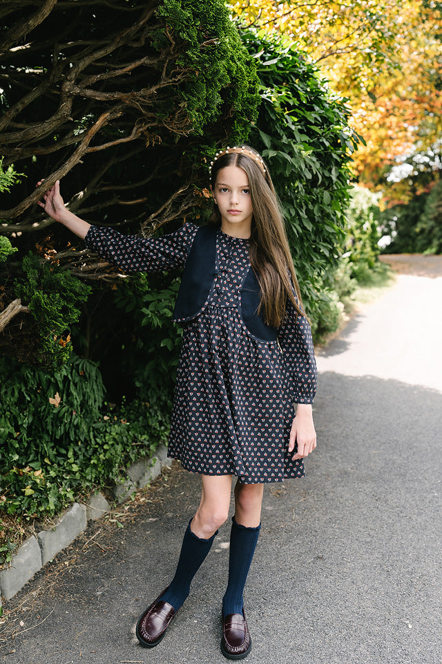 dress home garden printed double button with velvet trim - navy print