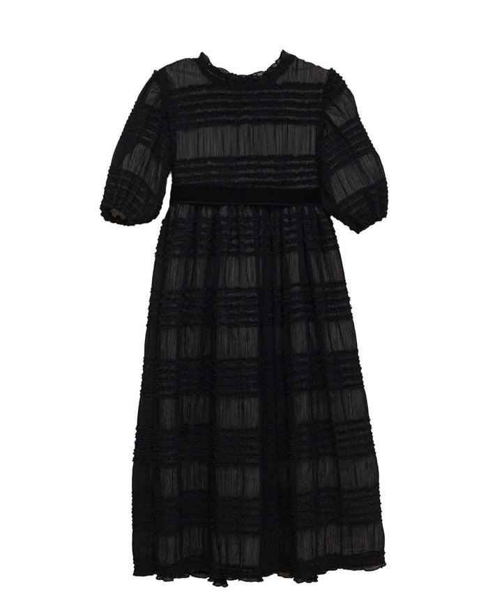 dress mesh frill detail puff sleeves with velvet waist tie - black