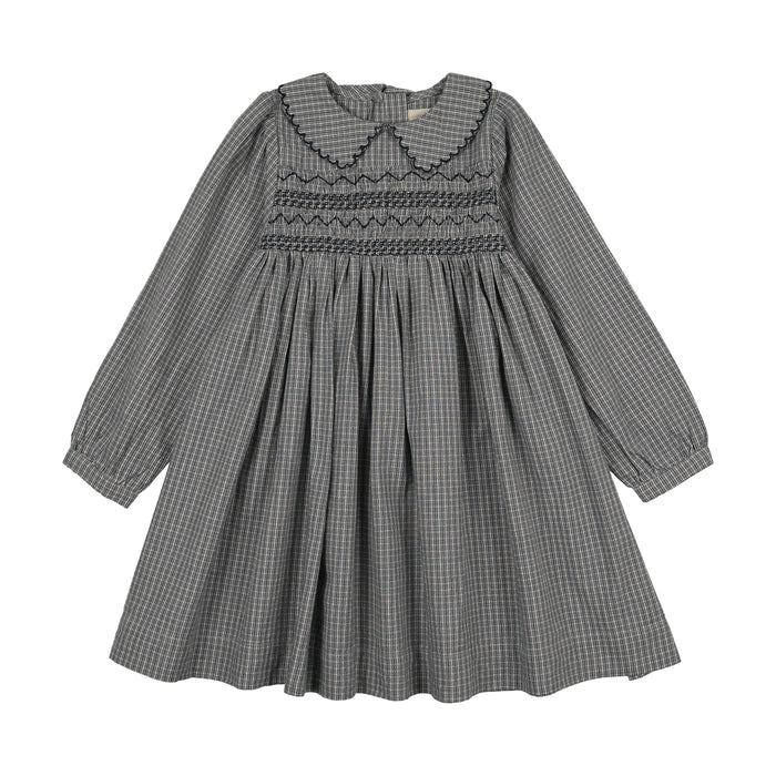 dress plaid smocked with scalloped collar - dried blue plaid