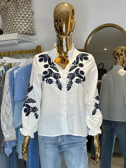 Embroidery Leaf Flower Button Up Grandad Collar Blouse (2 Colours)