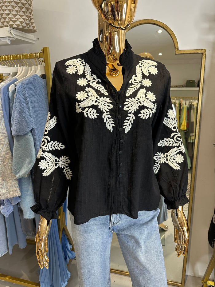 Embroidery Leaf Flower Button Up Grandad Collar Blouse (2 Colours)