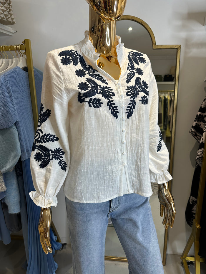 Embroidery Leaf Flower Button Up Grandad Collar Blouse (2 Colours)