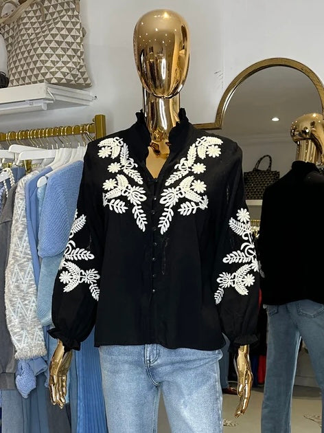 Embroidery Leaf Flower Button Up Grandad Collar Blouse (2 Colours)