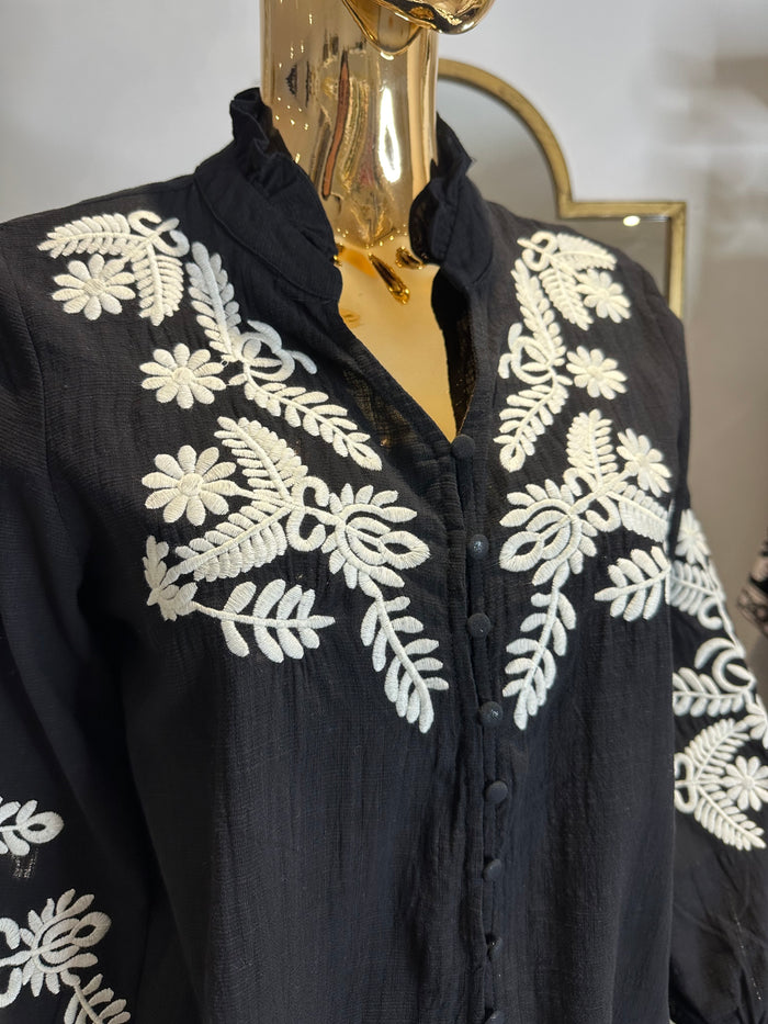 Embroidery Leaf Flower Button Up Grandad Collar Blouse (2 Colours)